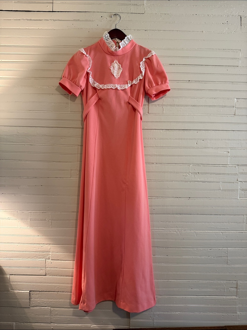 1970s Vintage Regency Revival Coral Pink Dress with Lace Trim